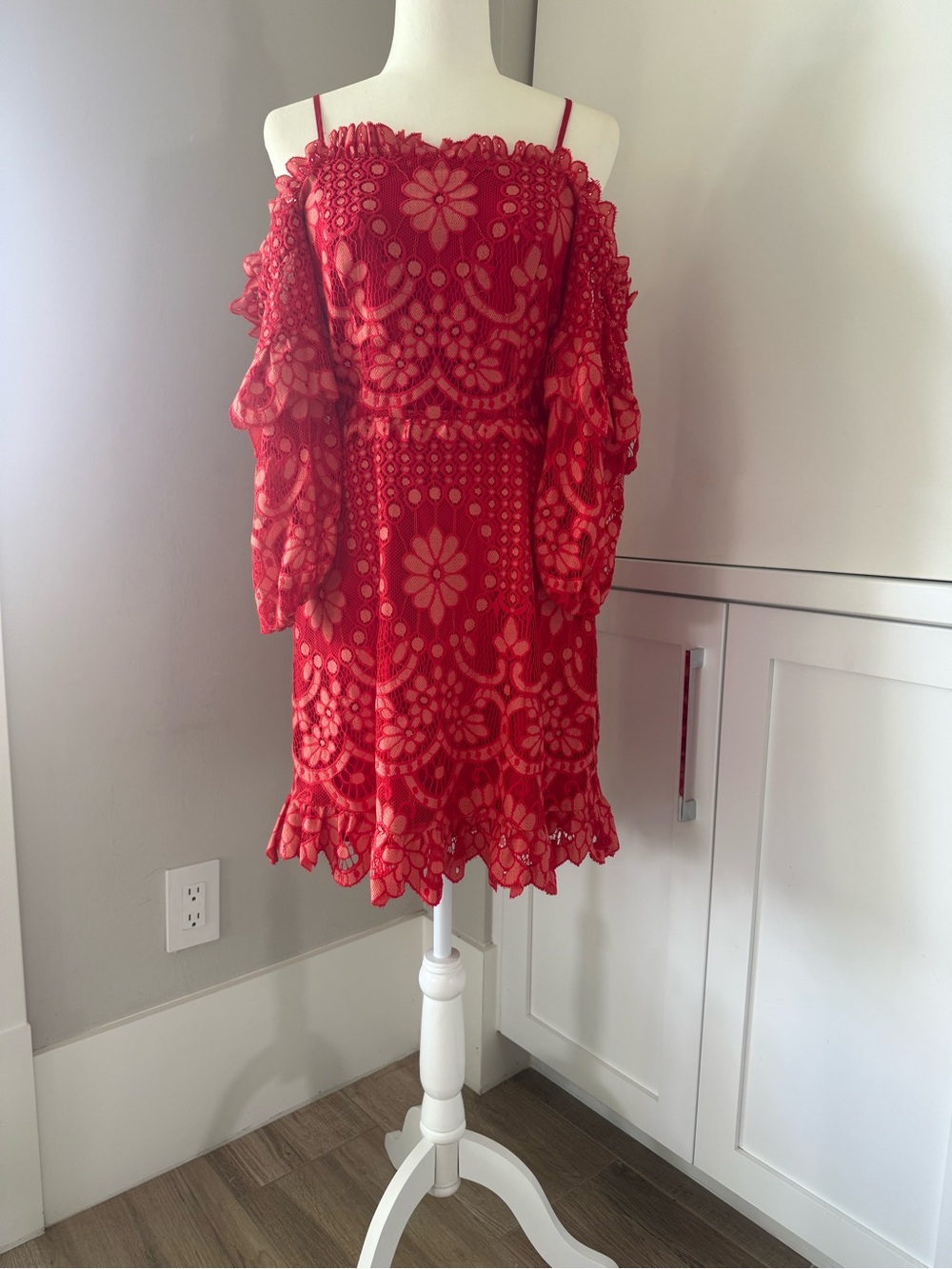 Parker Red Off-Shoulder Lace Dress with Floral Cutwork